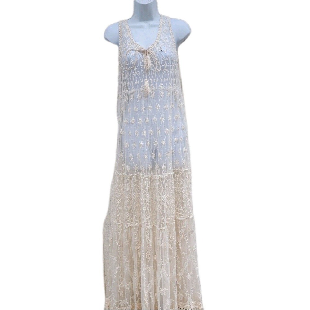 Cream Long Sheer Topper Cover Up  Dress Sz M  Boho Romantic Whimsical Fairy
